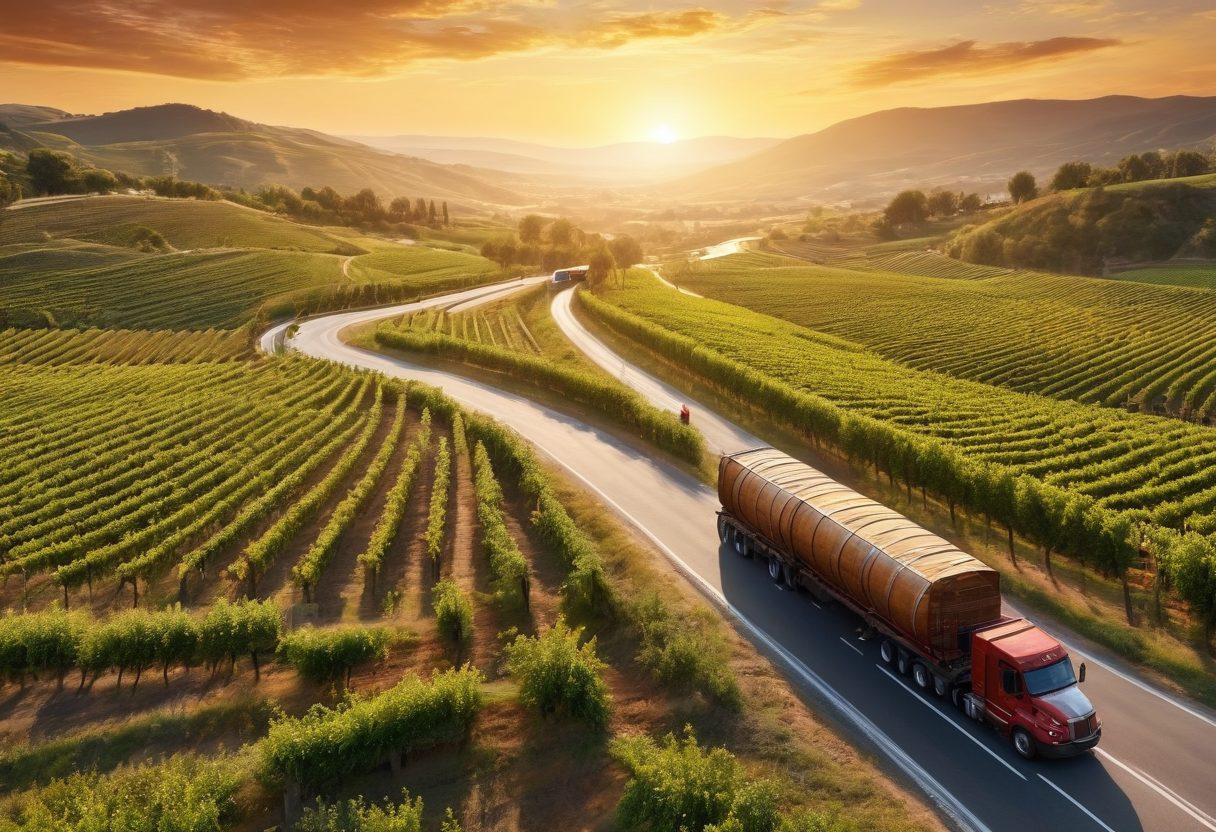 A scenic view of a winding highway flanked by lush vineyards, showcasing grape transport trucks adorned with wine barrels. In the background, a warm sunset casts golden hues over the landscape, while a knowledgeable expert stands near a map, pointing out logistics routes. The scene captures the essence of wine logistics with elements of nature and industry intertwined. super-realistic. vibrant colors. 3D.