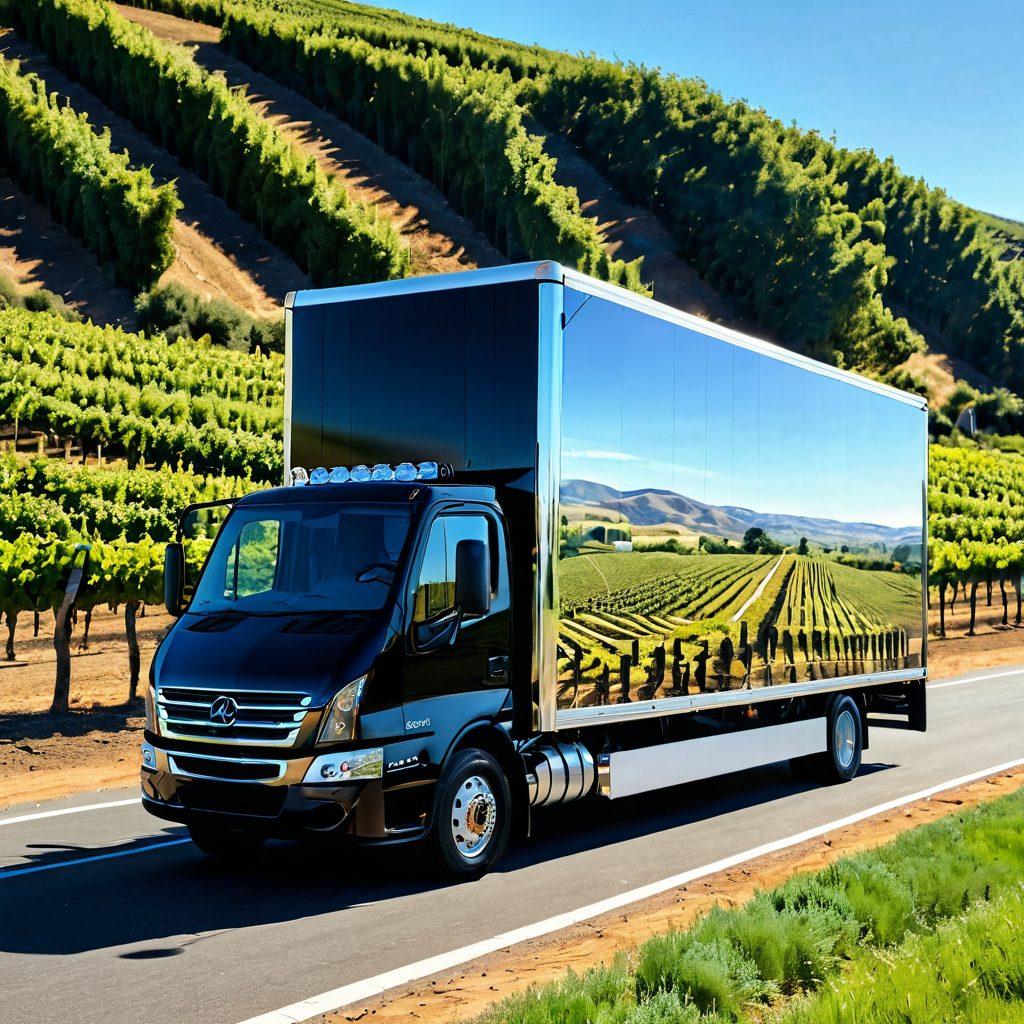 A sleek and modern wine transport truck with transparent sections showcasing elegant bottles of wine, surrounded by lush vineyards under bright sunlight. Include elements like temperature monitoring devices and efficient packing methods to emphasize quality and logistics. The background features a clear blue sky and rolling hills to evoke a sense of freshness and innovation. super-realistic. vibrant colors. 3D.