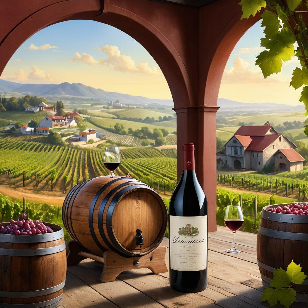 A detailed illustration of a vineyard with lush grapevines, segwaying into a bustling wine distribution center with barrels and bottles being carefully handled. Showcase a transparent glass of red wine prominently in the foreground, reflecting the vineyard scene. Include an elegant wooden barrel with the label 'From Vineyard to Glass'. The atmosphere should evoke a sense of rich history and intricate logistics. vibrant colors. super-realistic.